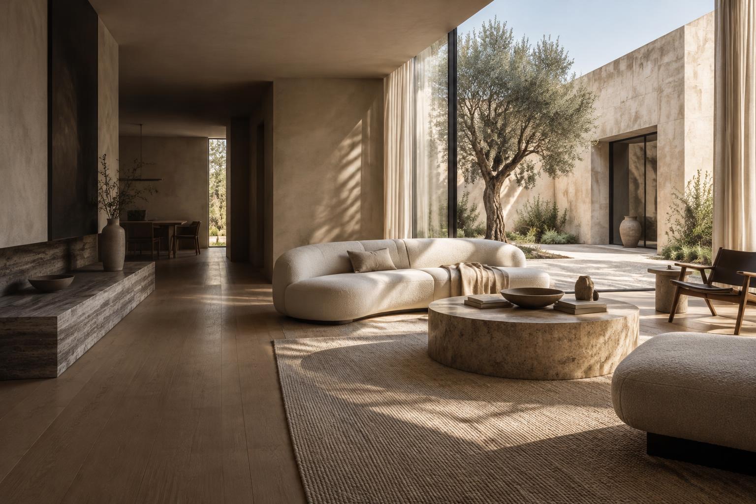 Lichte woonruimte met natuursteen en architectonisch interieur