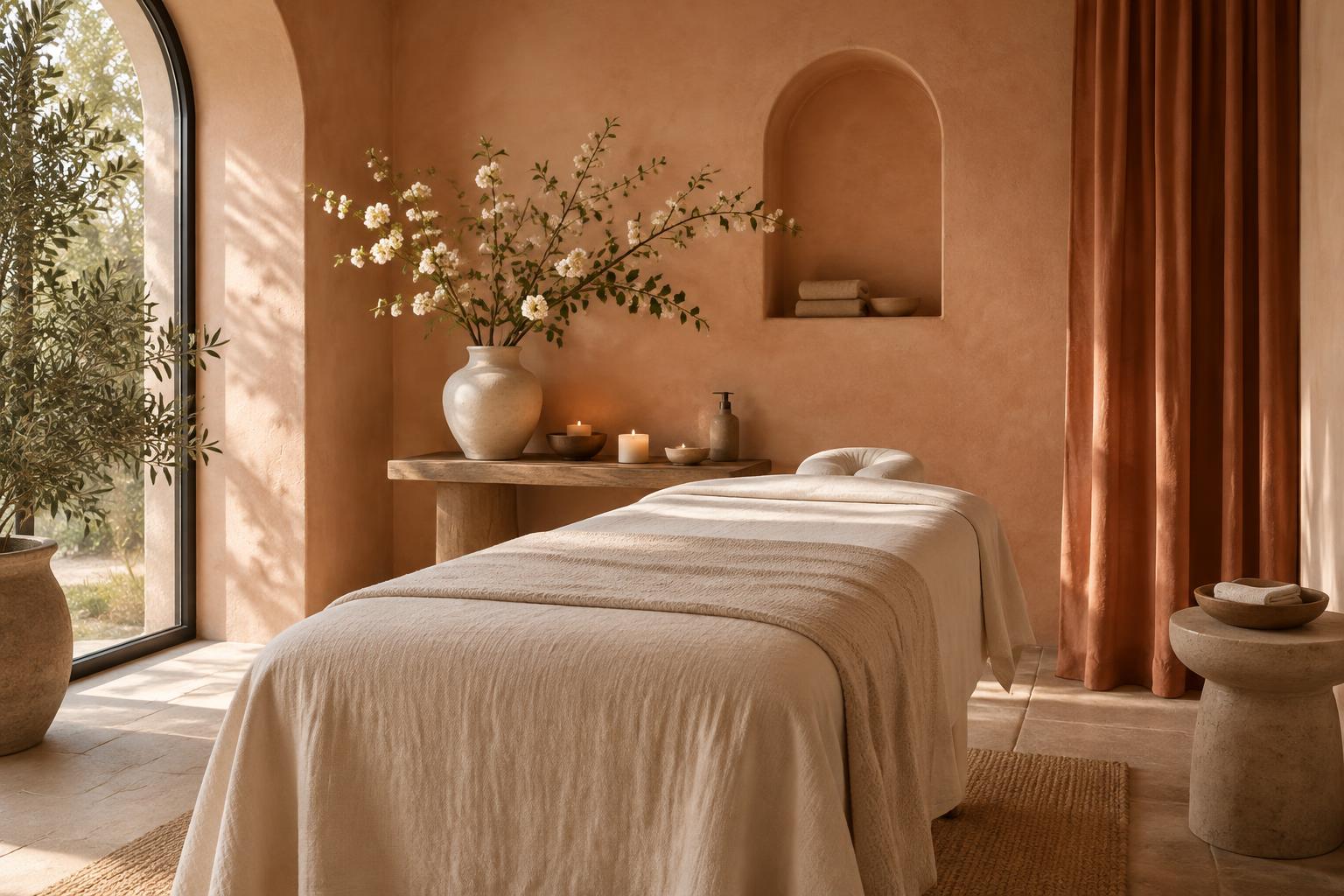 Warm wellnessinterieur met een behandelbed en zacht daglicht